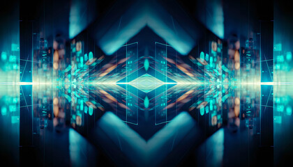 Fototapeta premium Abstract blue futuristic background, data center, data transfer, rays and lines, blue neon. Reflection of light in space. Dark futuristic empty scene. 3D illustration.