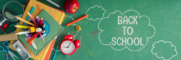 Back to school text on green chalkboard with school equipment 3D Rendering, 3D Illustration