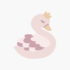 Scandinavian cartoon swan in pastel colors. Hand drawn vector element for nursery decoration, baby shower, party, poster, invitation, postcard