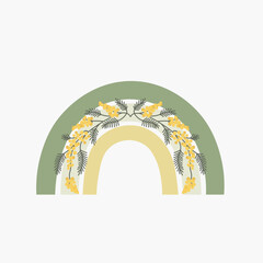 Scandinavian boho rainbow with mimosa in pastel colors, women's day, spring, easter. Hand drawn vector element for decoration, poster, postcard, invitation, banner