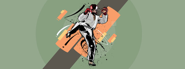 Jumping kick. Art collage with male taekwondo practitioner training isolated over retro colors...