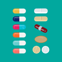 Pills and color capsules ﬂat icons. Vector medicament set. Healthcare template. Vector illustration