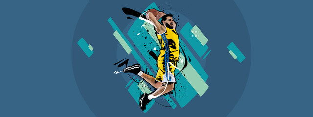 Sport collage with professional basketball player in action, motion with ball isolated on retro colors geometric background. Art, creativity and ad
