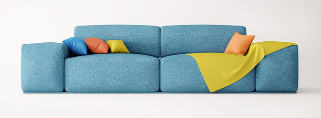 Blue modern sofa isolated on white background, colorfull pillows and plaid, isolated home furniture, 3d rendering
