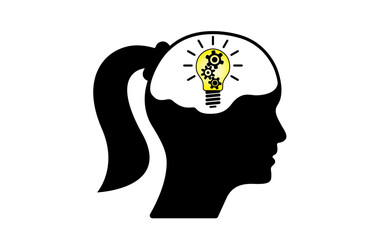 Woman profile icon vector design with brain, gears, light bulb. Black female head side view sign, to use for business, diversity, people profile illustration. 