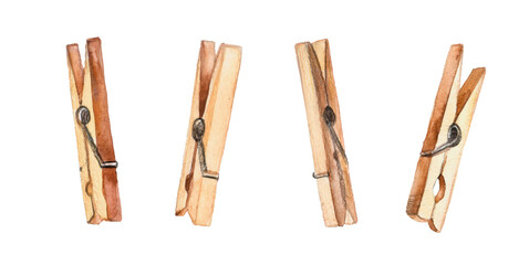 wooden clothespins watercolor illustration isolated on white background