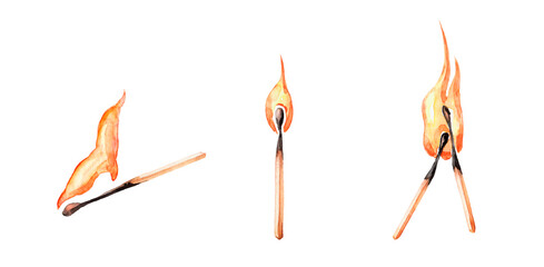 watercolor flame illustration. red and yellow fire on white background