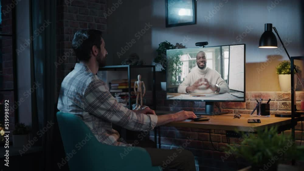 Poster Creative Specialist Chatting with a Office Colleague on Video Call on Desktop Computer at Home. Freelancer Calling Client to Work to Discuss Project Edits Online Over Internet.
