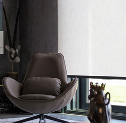 Roller blinds of large sizes on the window in the interior. Automatic solar shades, fabric with...
