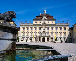 Naklejka premium Residenzschloss Ludwigsburg castle with a wonderful fountain. Middle courtyard with a view of the old main building. Baden-Wuerttemberg, Germany, Europe