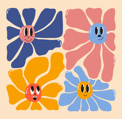 Doodle flowers with cartoon funny smiling faces, daisy retro characters. Cute floral happy emotion. Childish logo design with daisies vector set. Illustration of smile flowers 