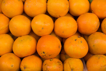Lined up oranges on a market stall