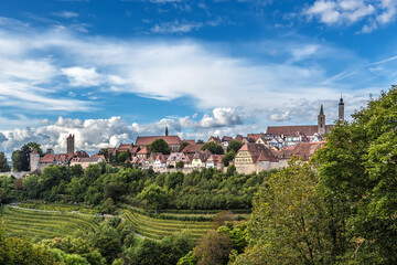 Fototapeta na wymiar Rothenburg ob der Tauber, Germany. Scenic view of a medieval city surrounded by a fortress wall