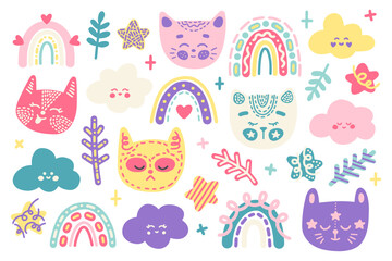 Gentle pastel children's vector clipart set in scandinavian style from 35 elements. Drawn cartoon dreamy cats, rainbows, clouds, twigs and stars for printing, posters, textiles, decor, interior, kids