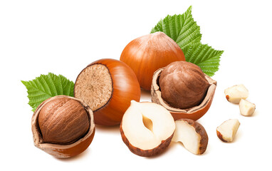 Big group of hazelnuts with leaves and small pieces isolated on white background