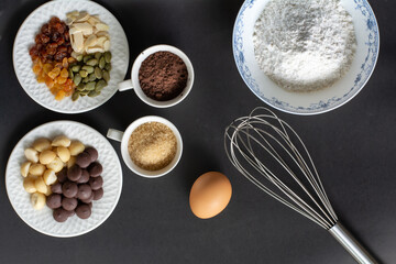 Delicious chocolate brownie homemade, ingredients of brownie,closeup fudge brownie,homemade bakery and dessert,Pieces of fresh brownie,confectionery concept.