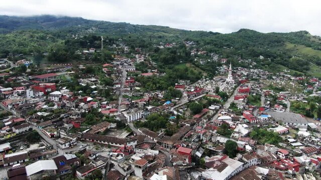 Cuetzalan city aerial drone view in Mexico. Cuetzalan is a small town set high in the hills in the north of the Mexican state of Puebla.