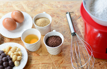 Delicious chocolate brownie homemade, ingredients of brownie,closeup fudge brownie,homemade bakery...