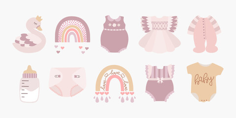 Scandinavian boho set with rainbows, swan, bottle, diaper, clothes in pastel colors. Hand drawn vector elements for nursery decoration, baby shower, party, poster, invitation, postcard