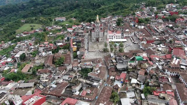 Cuetzalan city aerial drone view in Mexico. Cuetzalan is a small town set high in the hills in the north of the Mexican state of Puebla.