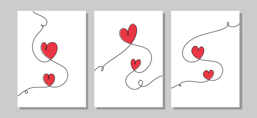 Set of posters with hearts in one line art style. Continuous one line drawing of red hearts on white background. Thin line of love card. EPS10 vector illustration.	