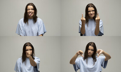 Set of different emotions. Collage with four different emotions in one young brunette woman in blue t-shirt on white background.