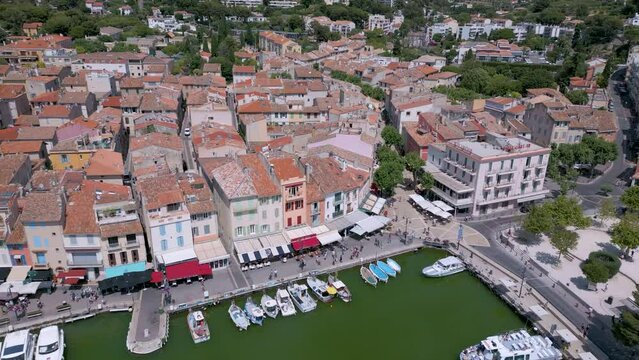 Aerial shot of Cassis old town on the Mediterranean coast in Provence, France