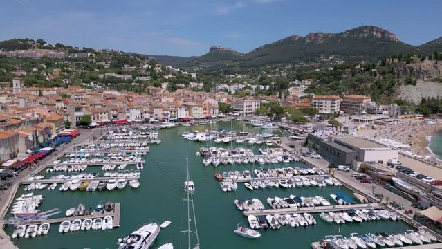 Drone shot of Cassis port on the Mediterranean coast in Provence, France