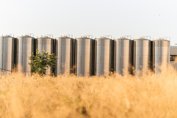 Almacenaje de vino en grandes silos de metal