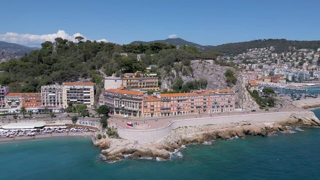 Flight towards Castle Hill in Nice, Cote d'Azur, France