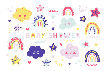 Delicate and cute children's vector set in scandinavian style with over forty elements. Adorable clouds, rainbows, stars and hearts in pastel colors for kids, nursery, textiles, wrappers, decor