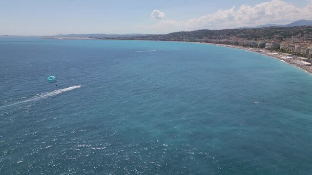 Aerial view of the parasailing activity at mediterranean sea