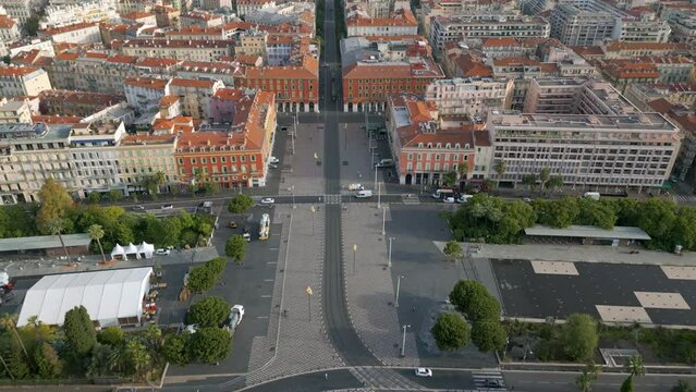 Flight over The Place Massena, a historic square in Nice, Cote d'Azur, France