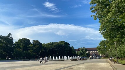 Fototapeta na wymiar Fountain and the beautiful sky of Ueno Tokyo Japan, year 2022 July 28th