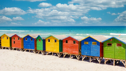 colorful beach house at Muizenberg beach Cape Town, beach huts, Muizenberg, Cape Town, False Bay, South Africa. - obrazy, fototapety, plakaty