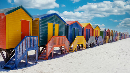 colorful beach house at Muizenberg beach Cape Town, beach huts, Muizenberg, Cape Town, False Bay, South Africa. - obrazy, fototapety, plakaty