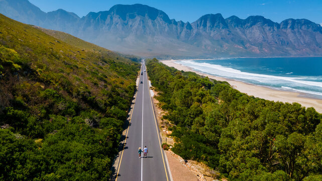 Kogelbay beach Western Cape South Africa, Kogelbay Rugged Coast Line with spectacular mountains. Garden route, drone aerial view at the road and beach