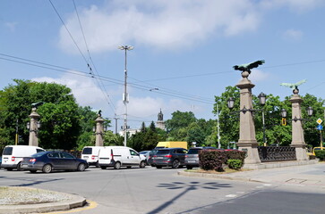 Urban infrastructure - Eagle bridge with intersection, traffic lights and eagle sculpture, Sofia,...