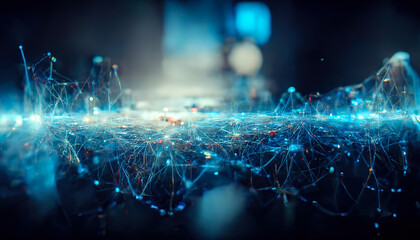 Abstract blue futuristic background, data center, data transfer, rays and lines, blue neon. Reflection of light in space. Dark futuristic empty scene. 3D illustration.