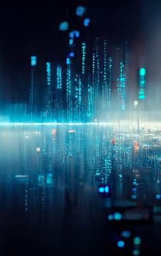 Abstract blue futuristic background, data center, data transfer, rays and lines, blue neon. Reflection of light in space. Dark futuristic empty scene. 3D illustration.