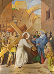 VALENCIA, SPAIN - FEBRUAR 17, 2022: The painting Jesus meet his Mother Mary  as part of Cross way ...