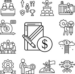 Corporate notebook dollar icon in a collection with other items