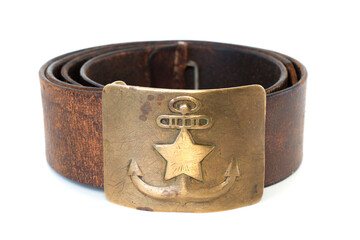vintage leather military sailor belt with brass buckle, on isolated white