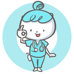 OKサインを出す看護師　背景あり　青バージョン