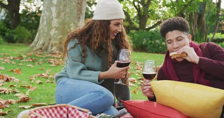 Video of biracial couple warmly having a picnic time in the garden
