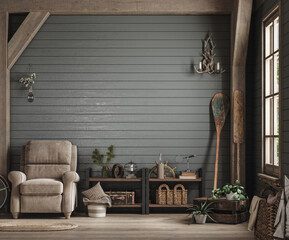 Home mockup, cozy barn interior background, 3d render - obrazy, fototapety, plakaty