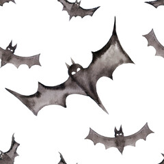 Seamless pattern with bats. Hand drawn background for Halloween party. Ink illustration. Watercolor animals ornament for wrapping paper.