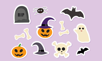 Halloween stickers set for spooky party. Grave,pumpkin,skull,bones and spider cute set. - obrazy, fototapety, plakaty