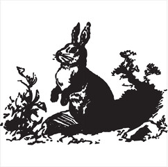 Vector, Image of rabbit looking for food, black and white color, with transparent background