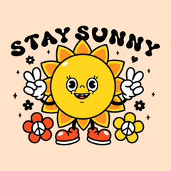 Cute funny sun t-shirt print design. Stay sunny slogan quote. Vector retro vintage cartoon character illustration. Funny sun print for t-shirt,poster,sticker,logo art concept